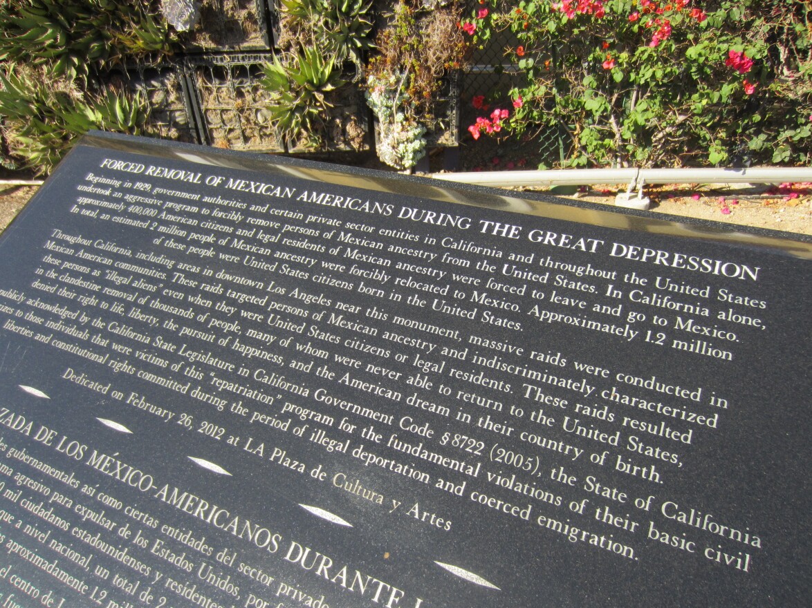 A memorial in downtown Los Angeles commemorates the mass expulsion of Mexican-Americans during the Great Depression.